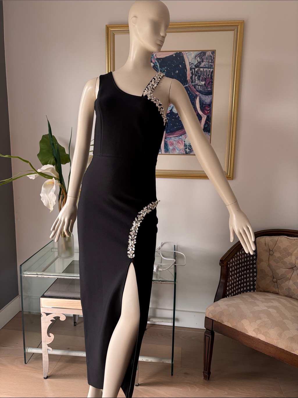 Black One-Shoulder Evening Bandage Dress With Crystal Accents